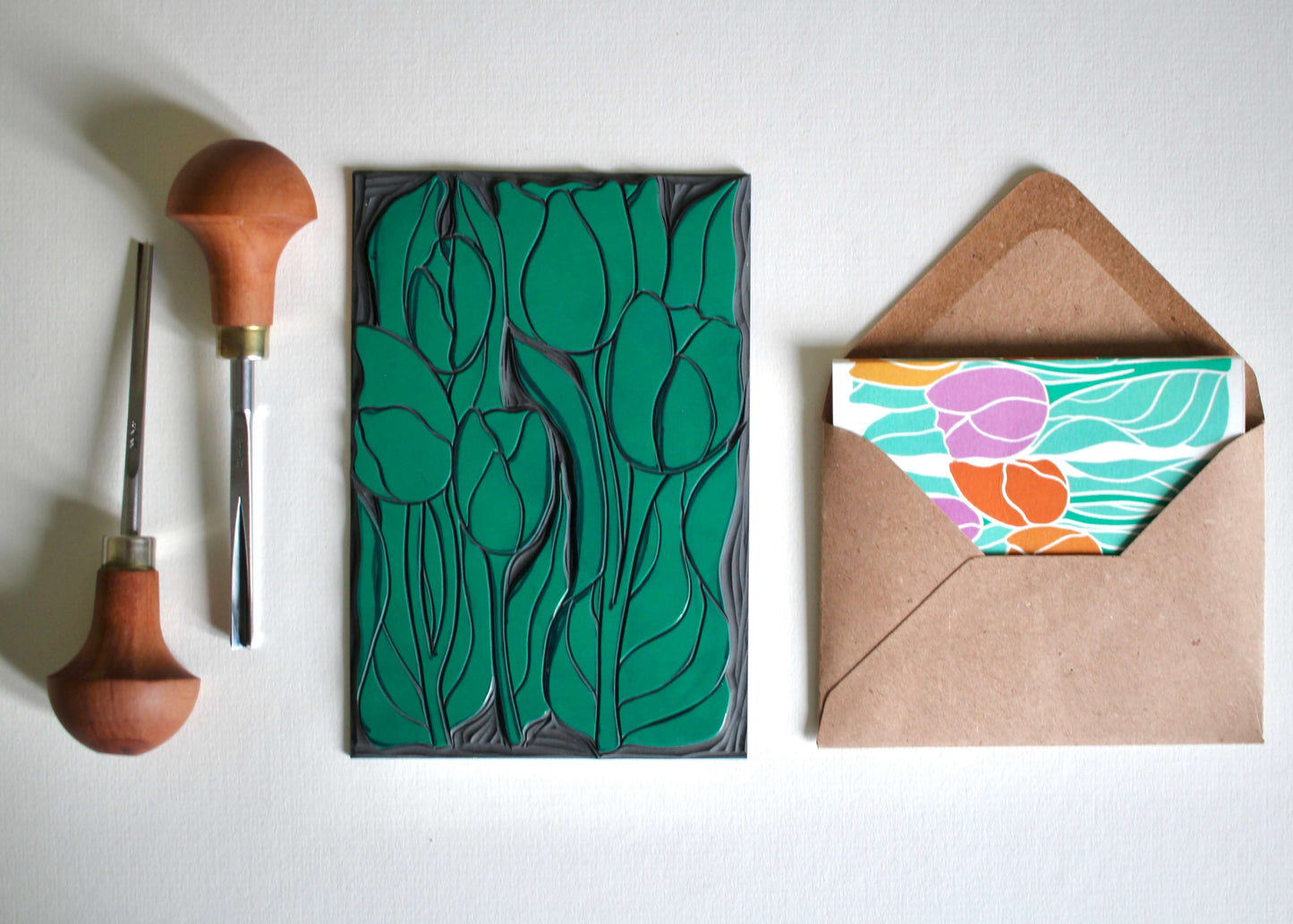 Spring Tulips Linocut Concertina Card | Single Card & Envelope