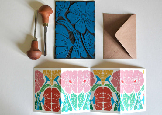 Bright & Beautiful Floral Linocut Concertina Card | Single Card with Envelope