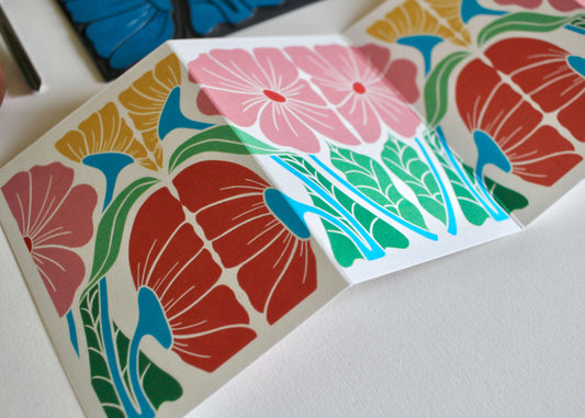 Bright & Beautiful Floral Linocut Concertina Card | Single Card with Envelope