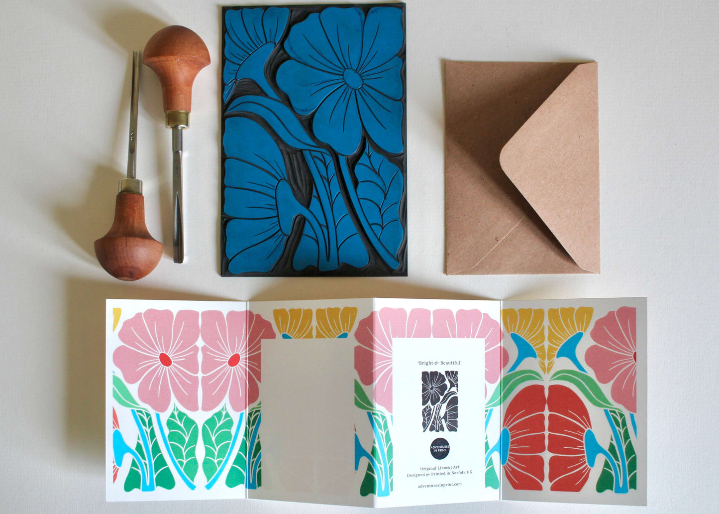 Bright & Beautiful Floral Linocut Concertina Card | Single Card with Envelope