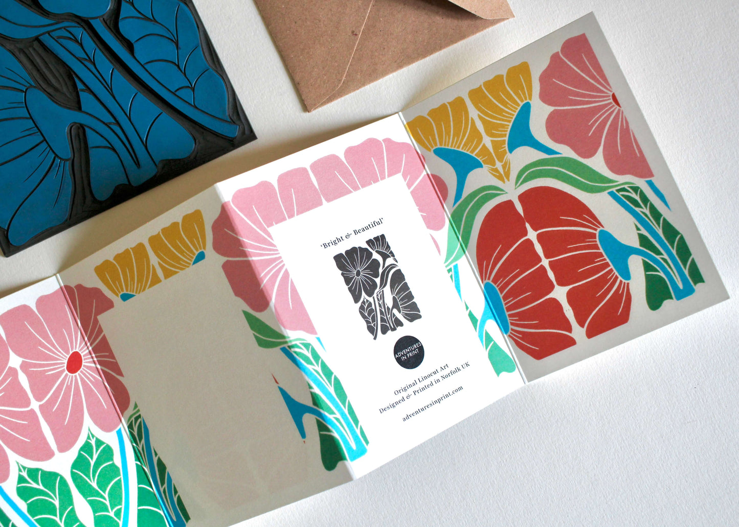 Bright & Beautiful Floral Linocut Concertina Card | Single Card with Envelope