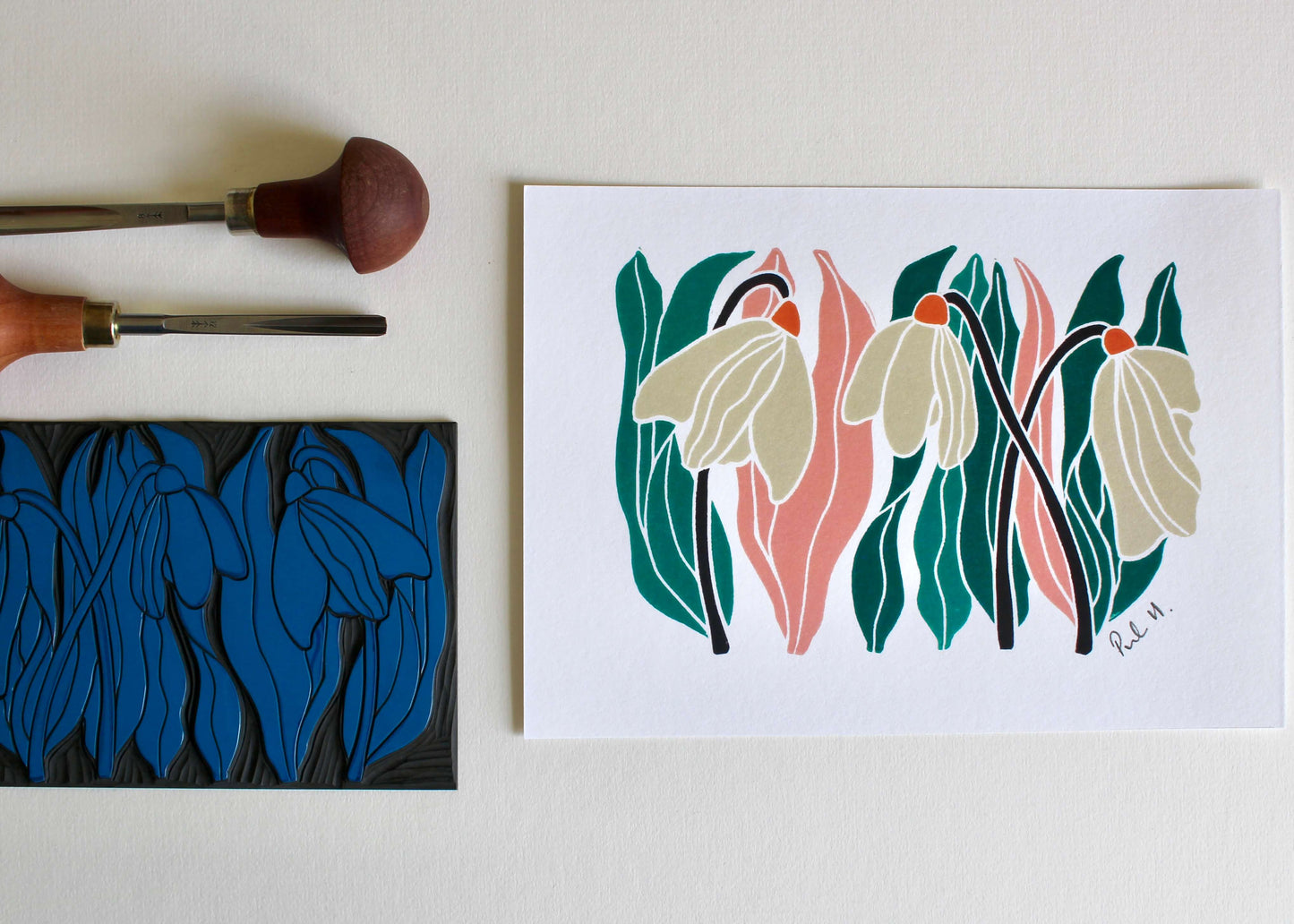 Snowdrops Linocut Art Print - Unframed A5 or A4