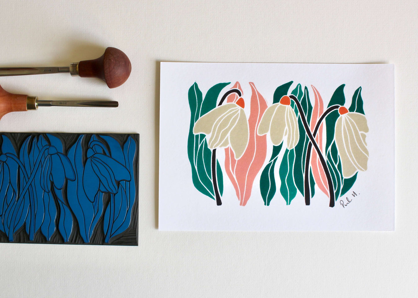 Snowdrops Linocut Art Print - Unframed A5 or A4