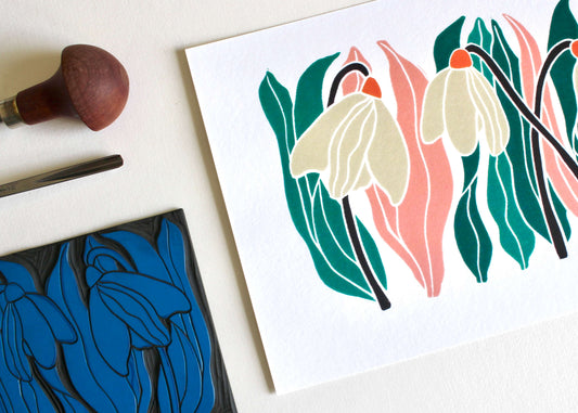 Snowdrops Linocut Art Print - Unframed A5 or A4