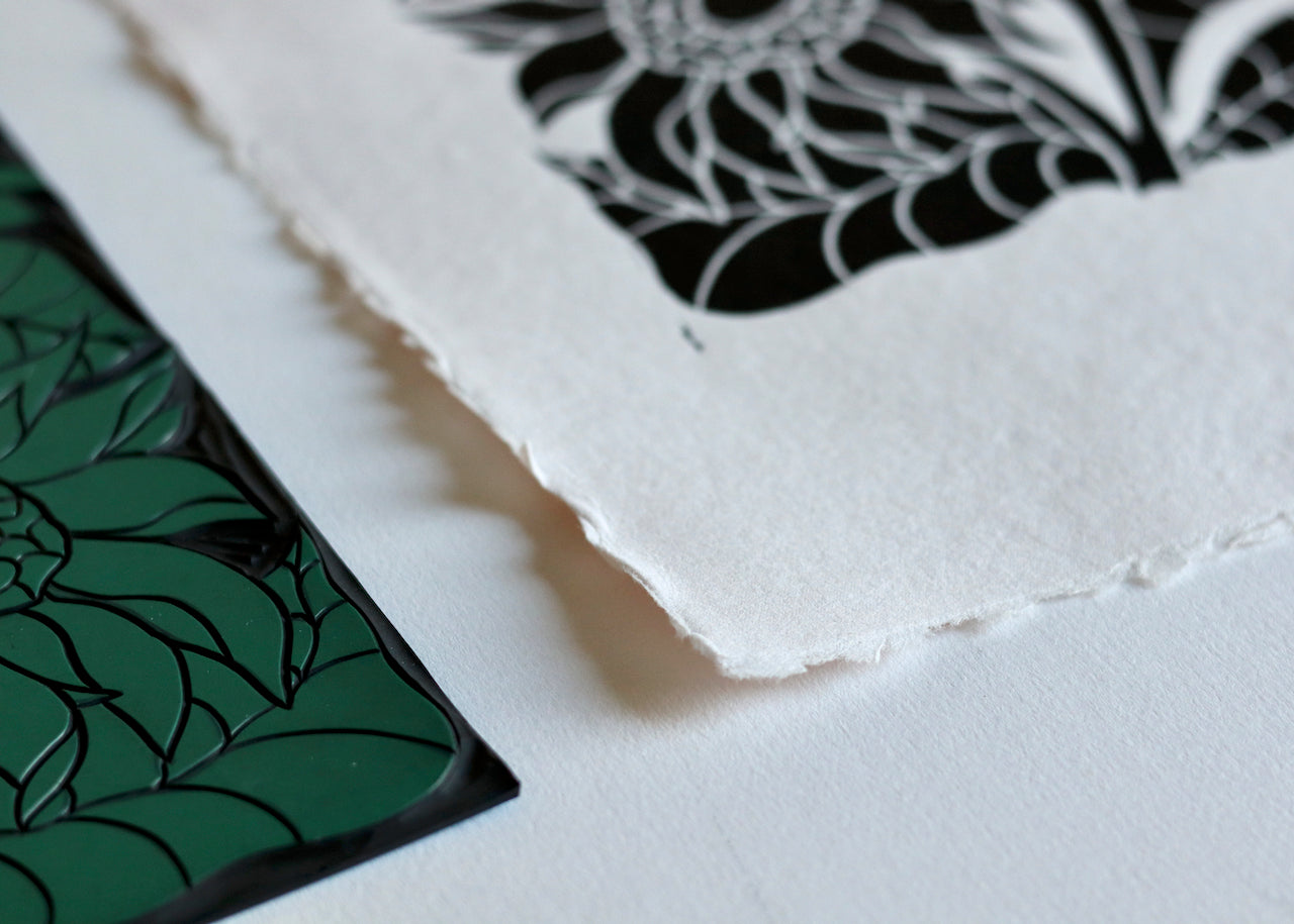 Joy Bloom Sunflowers Linocut | Hand printed on A4 Cotton Rag Paper
