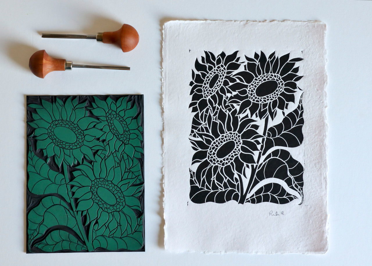 Joy Bloom Sunflowers Linocut | Hand printed on A4 Cotton Rag Paper