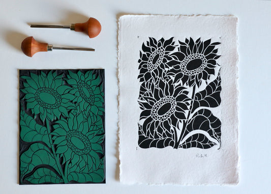 Joy Bloom Sunflowers Linocut | Hand printed on A4 Cotton Rag Paper