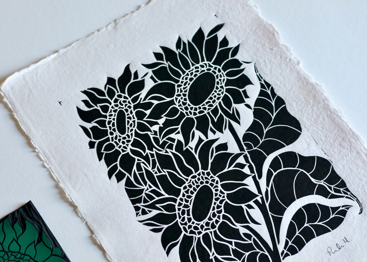 Joy Bloom Sunflowers Linocut | Hand printed on A4 Cotton Rag Paper