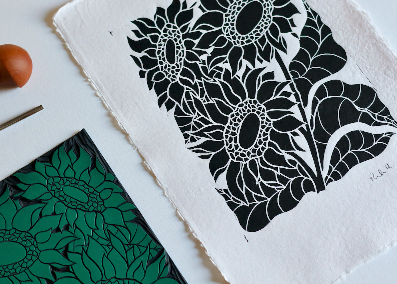 Joy Bloom Sunflowers Linocut | Hand printed on A4 Cotton Rag Paper