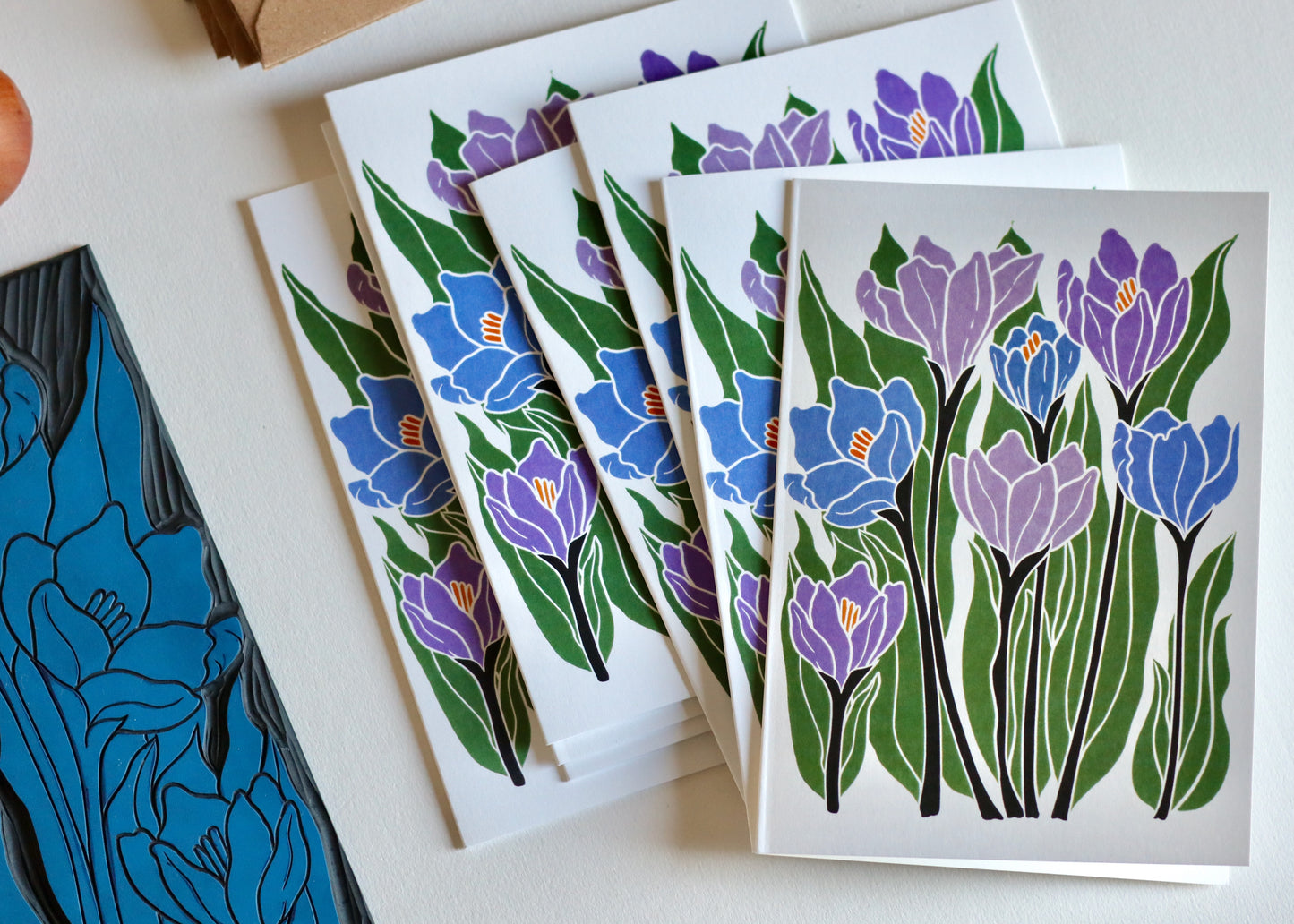 Linocut Joy Bloom Crocus Flowers Cards | Set of 8 Notecards & Envelopes