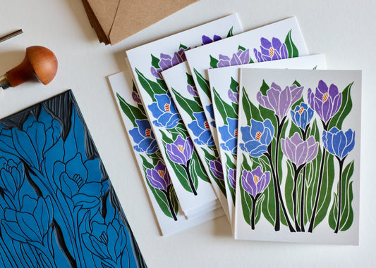Linocut Joy Bloom Crocus Flowers Cards | Set of 8 Notecards & Envelopes