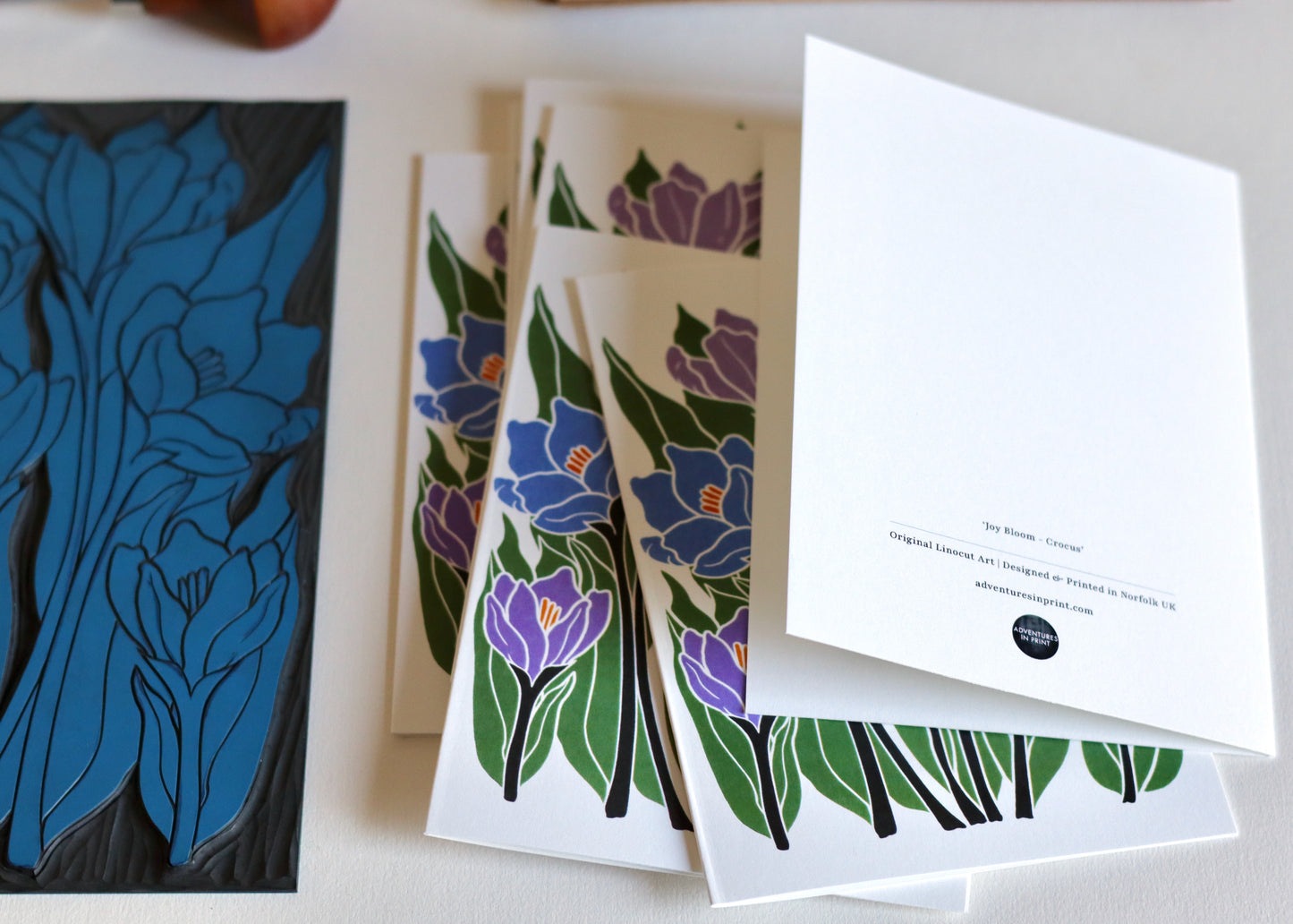 Linocut Joy Bloom Crocus Flowers Cards | Set of 8 Notecards & Envelopes