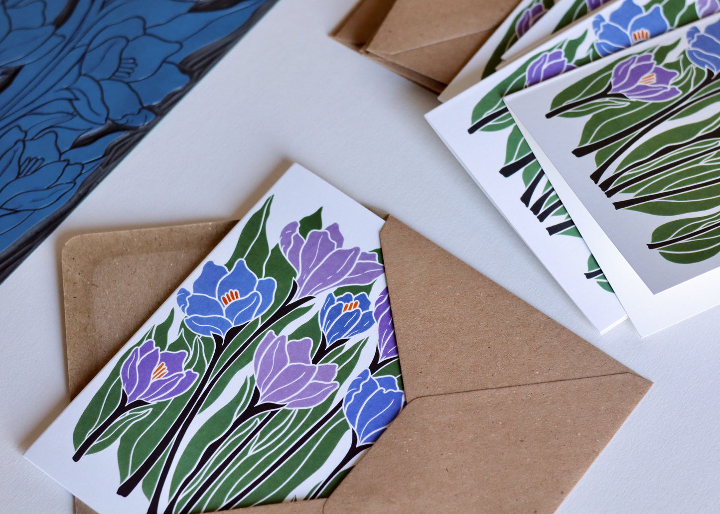 Linocut Joy Bloom Crocus Flowers Cards | Set of 8 Notecards & Envelopes