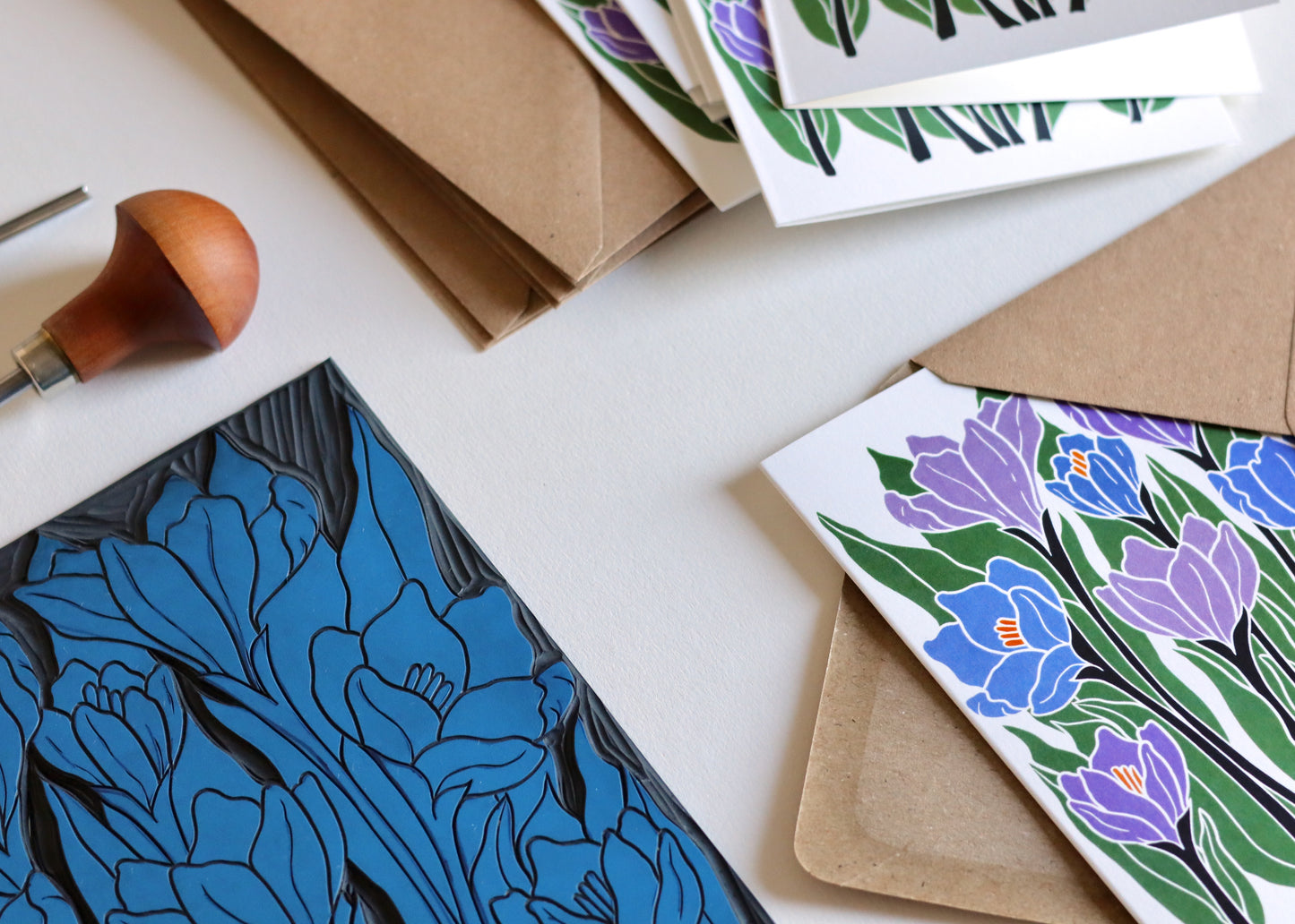 Linocut Joy Bloom Crocus Flowers Cards | Set of 8 Notecards & Envelopes