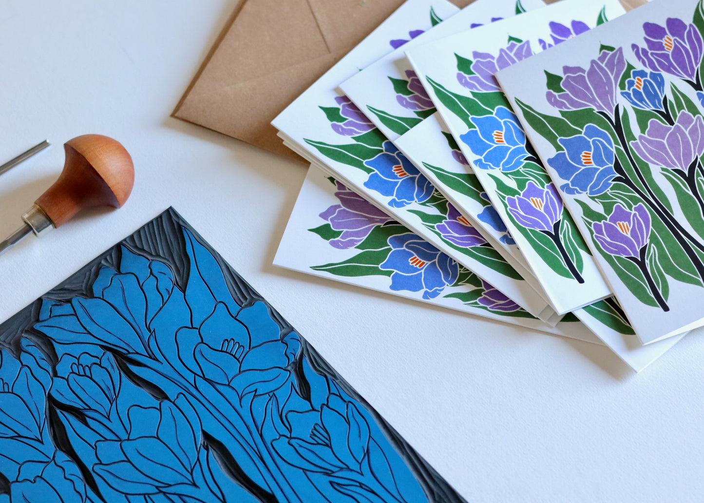 Linocut Joy Bloom Crocus Flowers Cards | Set of 8 Notecards & Envelopes