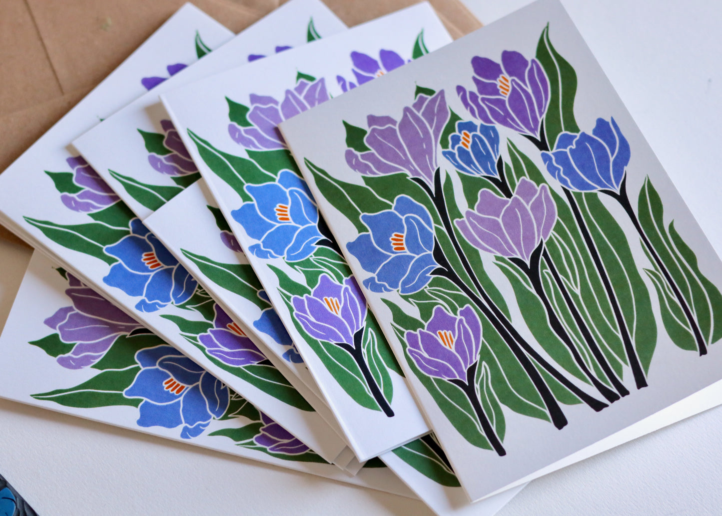 Linocut Joy Bloom Crocus Flowers Cards | Set of 8 Notecards & Envelopes