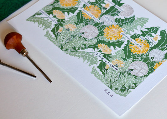 The Resilient Dandelion - Linocut Blackout Poetry Art | A5 or A4 Print on Cotton Paper