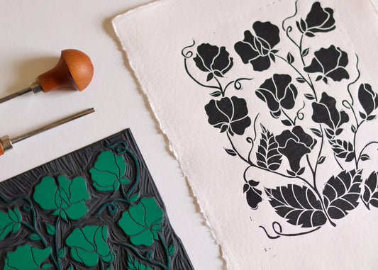 Joy Bloom Sweet Peas Linocut | Hand printed on Cotton Rag Paper