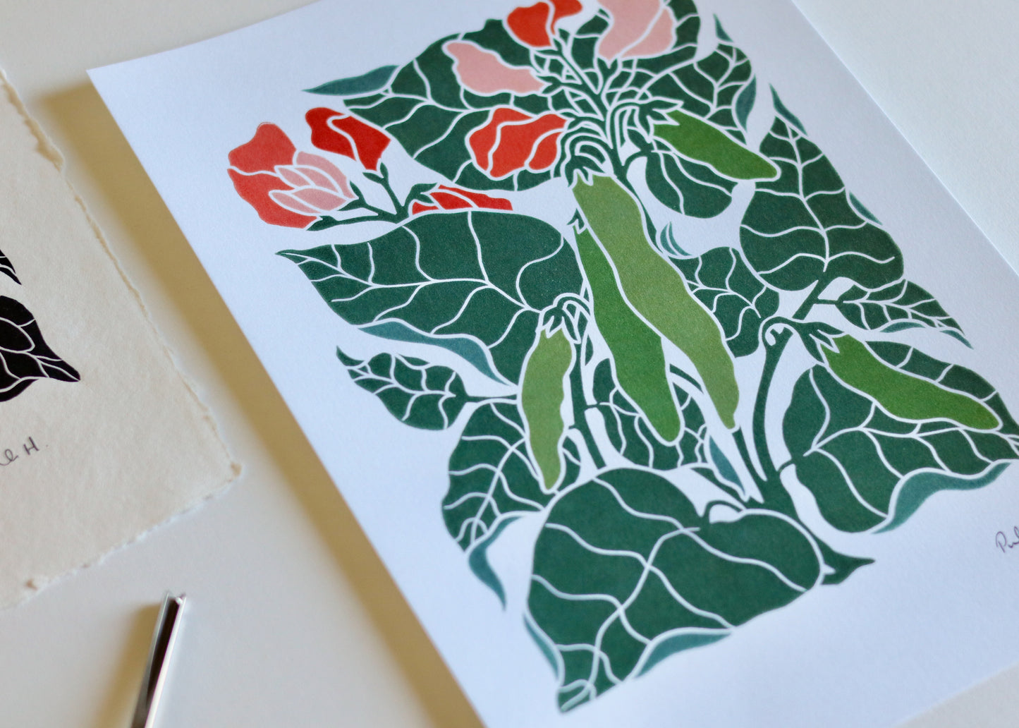 Heritage Kitchen Garden - Runner Beans Linocut | A5 or A4 Art Print on Cotton Paper