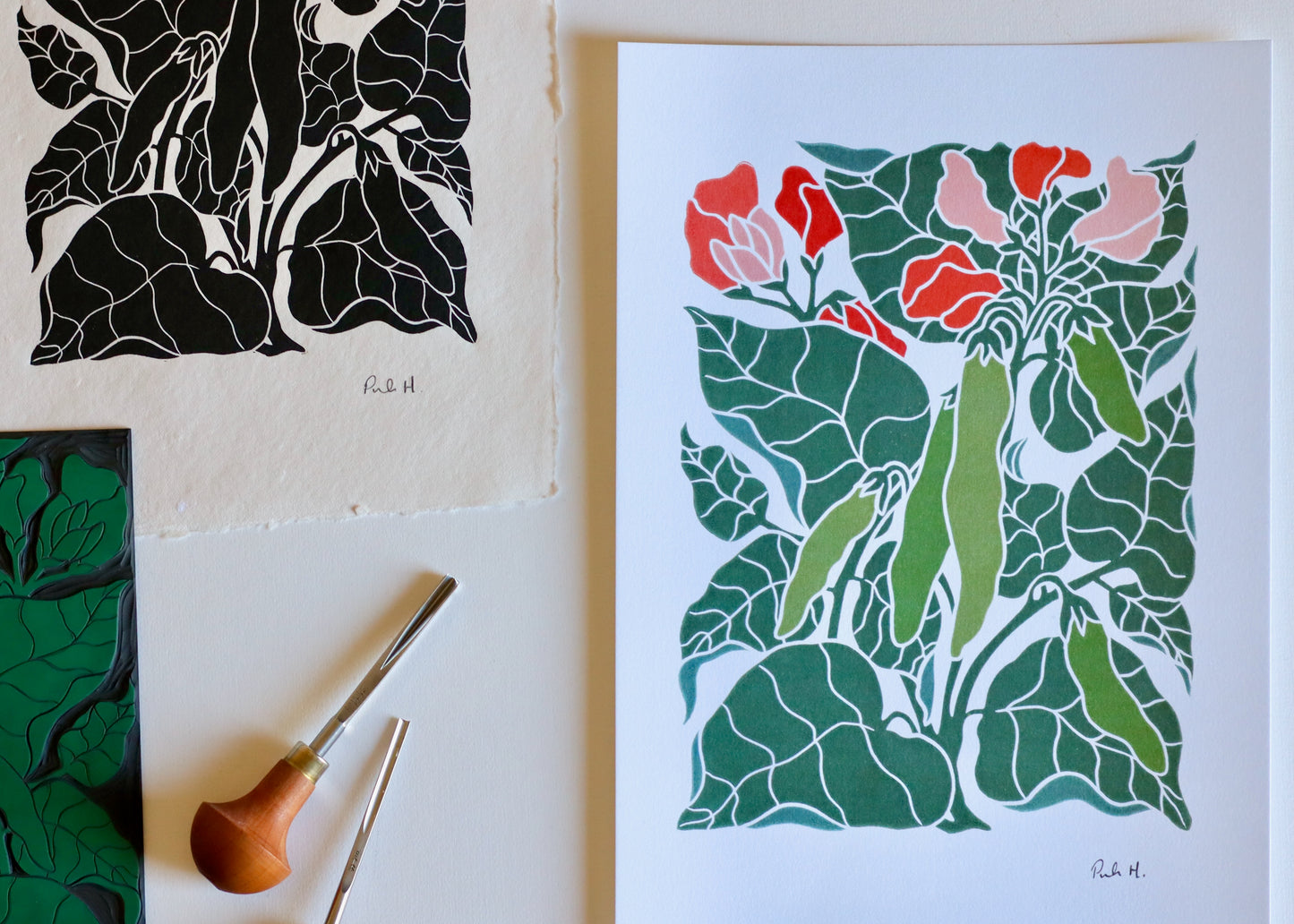 Heritage Kitchen Garden - Runner Beans Linocut | A5 or A4 Art Print on Cotton Paper