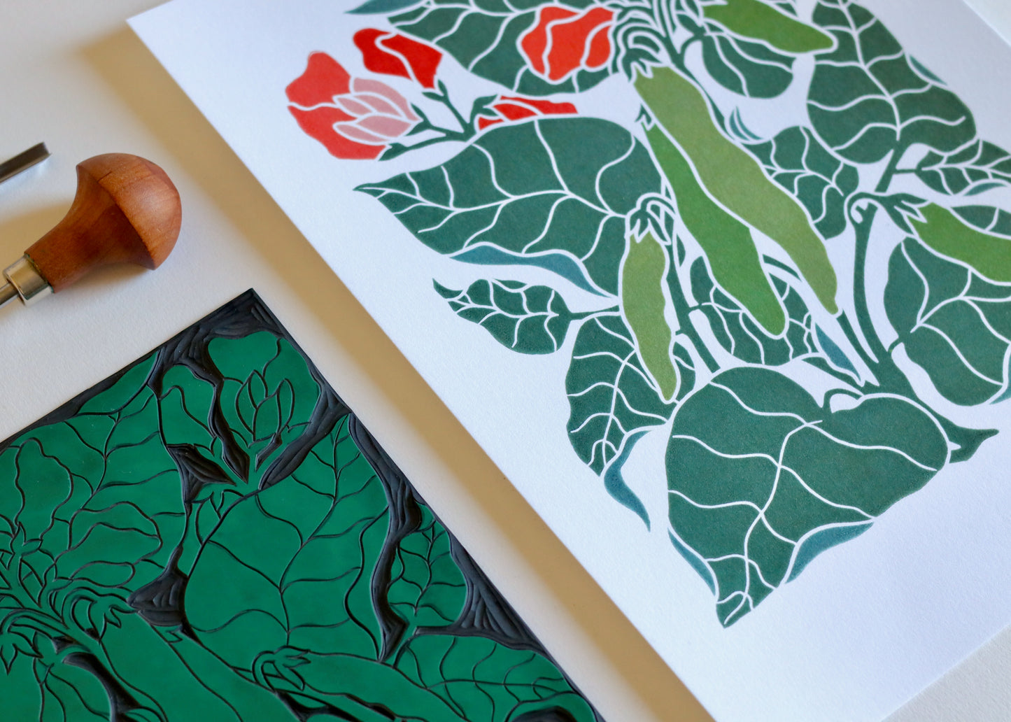 Heritage Kitchen Garden - Runner Beans Linocut | A5 or A4 Art Print on Cotton Paper