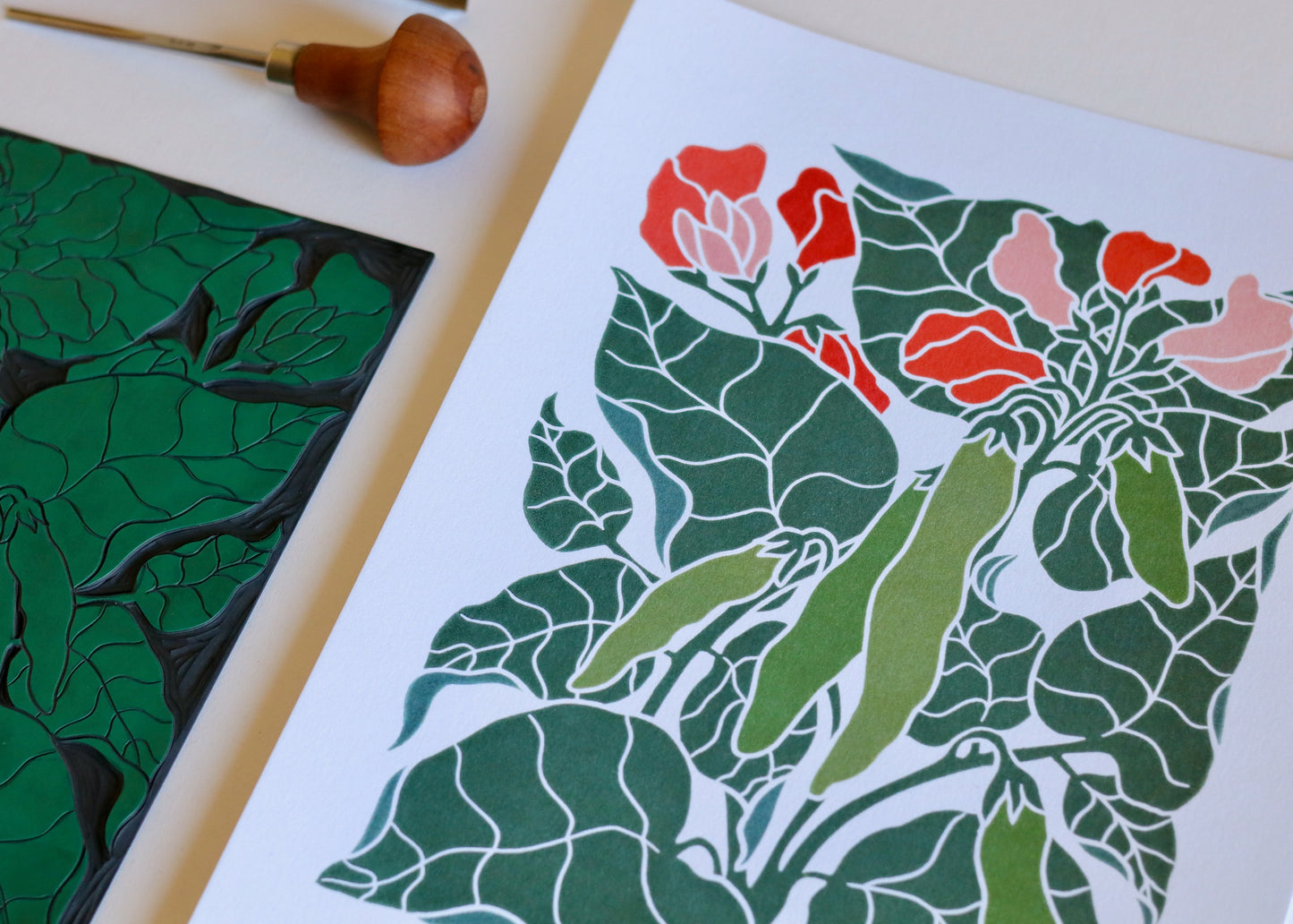 Heritage Kitchen Garden - Runner Beans Linocut | A5 or A4 Art Print on Cotton Paper