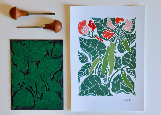 Heritage Kitchen Garden - Runner Beans Linocut | A5 or A4 Art Print on Cotton Paper