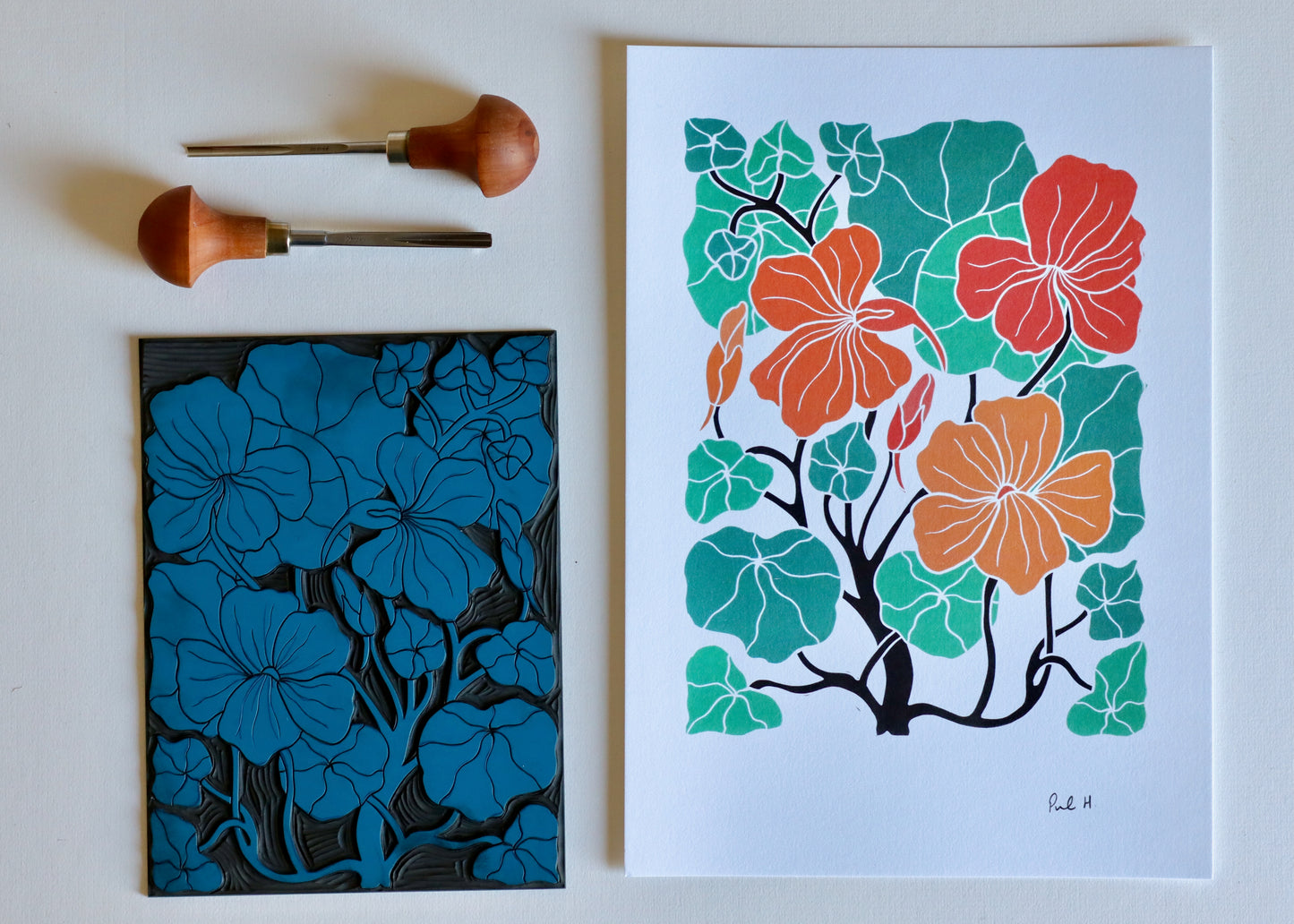 Heritage Kitchen Garden - Nasturtium Linocut Art | A5 or A4 Art Print on Cotton Paper