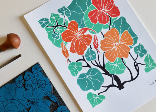Heritage Kitchen Garden - Nasturtium Linocut Art | A5 or A4 Art Print on Cotton Paper