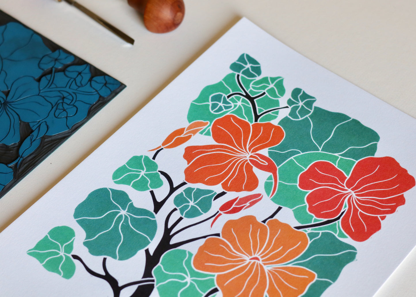 Heritage Kitchen Garden - Nasturtium Linocut Art | A5 or A4 Art Print on Cotton Paper
