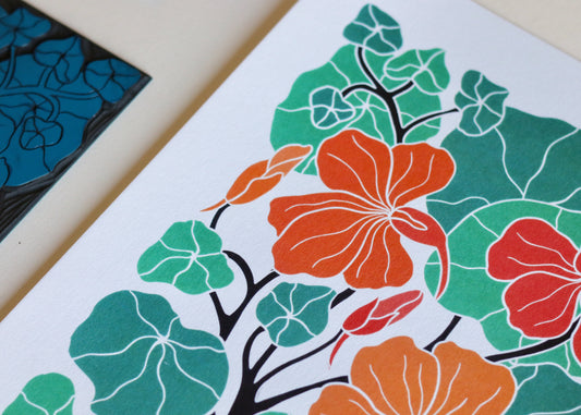 Heritage Kitchen Garden - Nasturtium Linocut Art | A5 or A4 Art Print on Cotton Paper