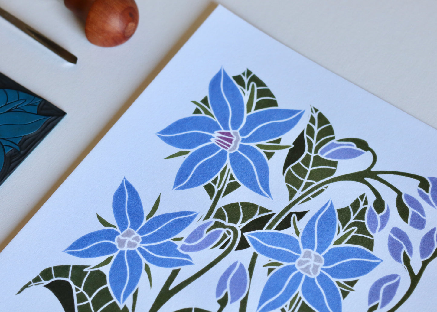 Heritage Kitchen Garden - Borage Linocut Art | A5 or A4 Art Print on Cotton Paper