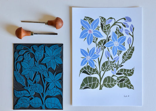 Heritage Kitchen Garden - Borage Linocut Art | A5 or A4 Art Print on Cotton Paper