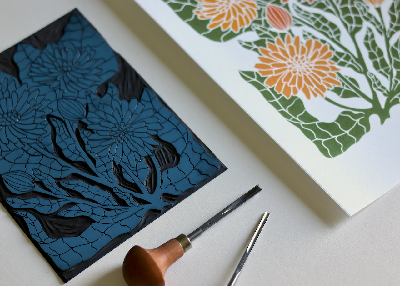 Heritage Kitchen Garden - Calendula Linocut Art | A5 or A4 Art Print on Cotton Paper