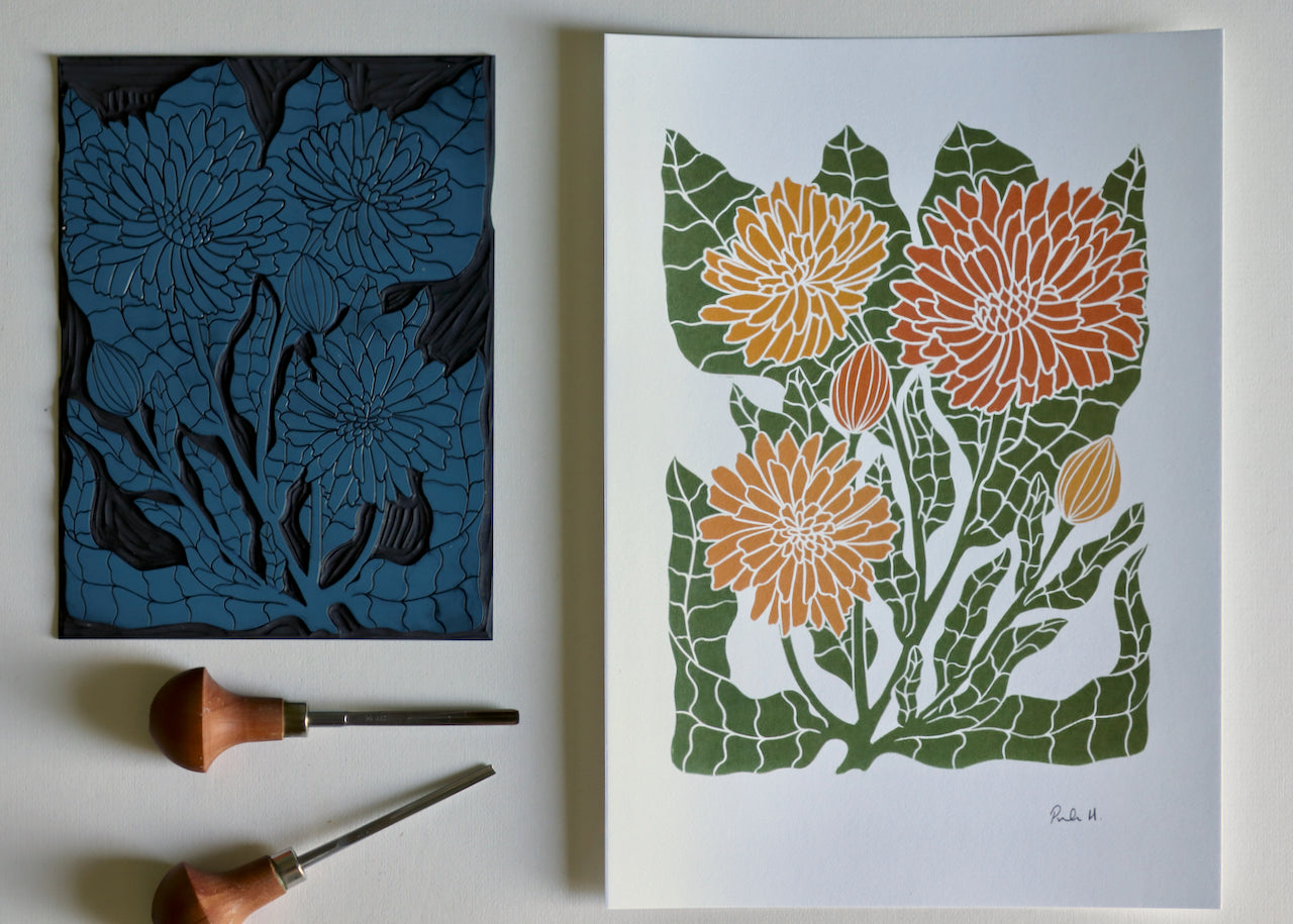 Heritage Kitchen Garden - Calendula Linocut Art | A5 or A4 Art Print on Cotton Paper