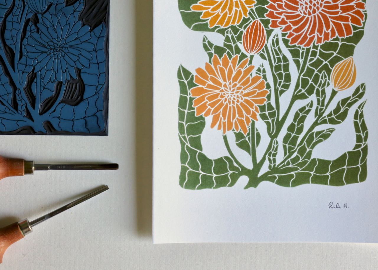 Heritage Kitchen Garden - Calendula Linocut Art | A5 or A4 Art Print on Cotton Paper