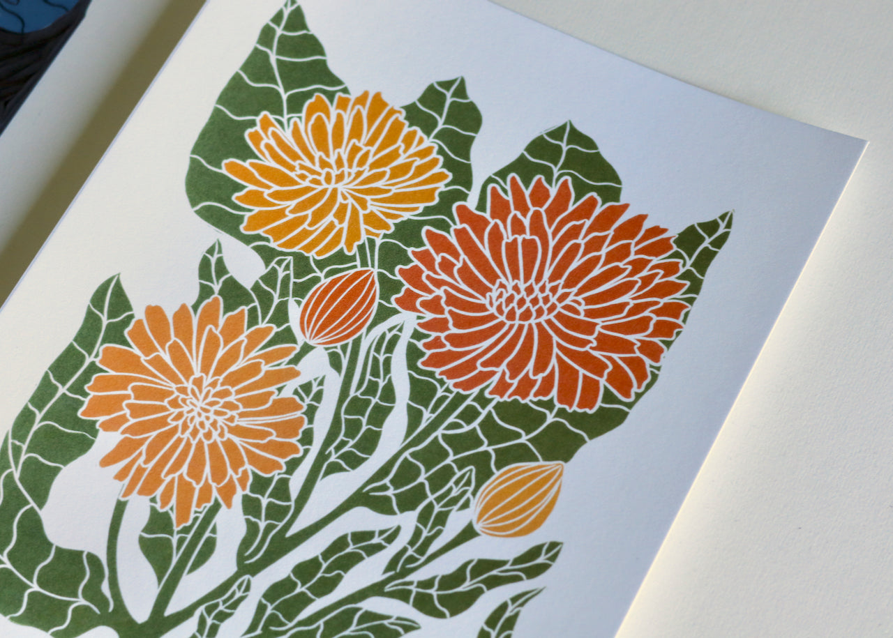 Heritage Kitchen Garden - Calendula Linocut Art | A5 or A4 Art Print on Cotton Paper