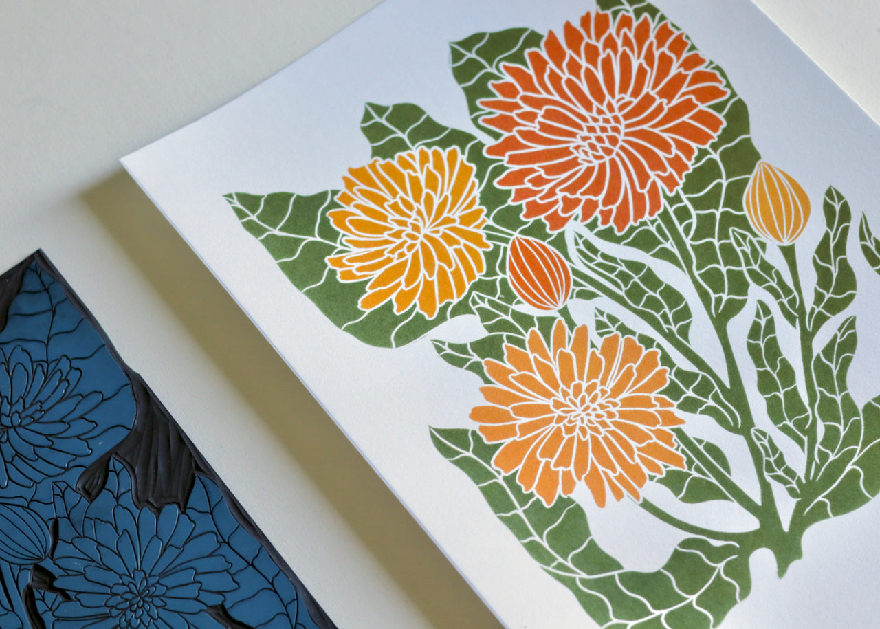Heritage Kitchen Garden - Calendula Linocut Art | A5 or A4 Art Print on Cotton Paper