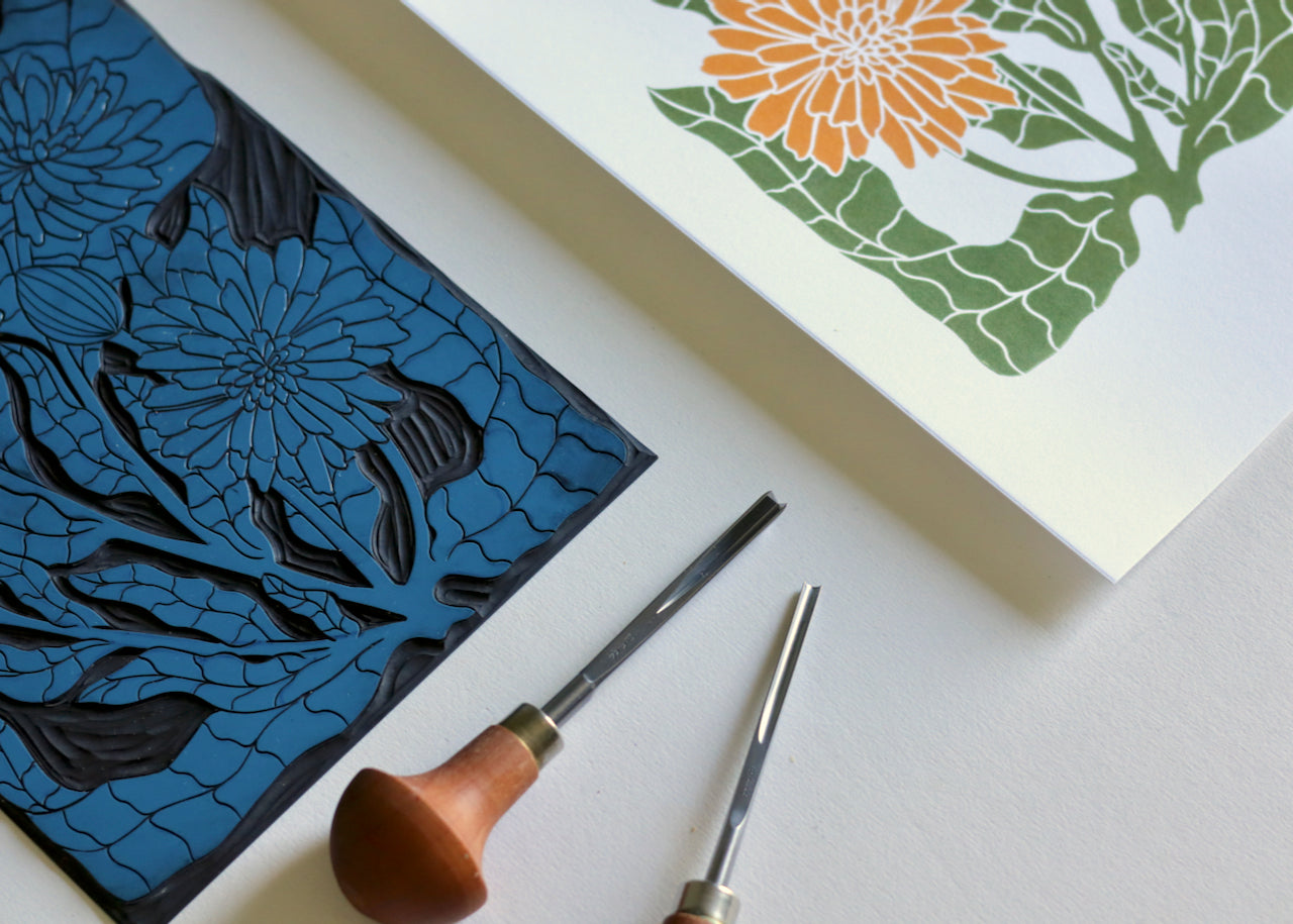 Heritage Kitchen Garden - Calendula Linocut Art | A5 or A4 Art Print on Cotton Paper