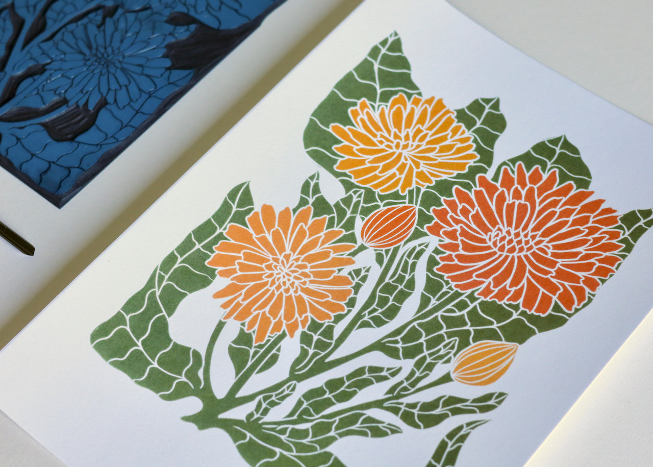 Heritage Kitchen Garden - Calendula Linocut Art | A5 or A4 Art Print on Cotton Paper