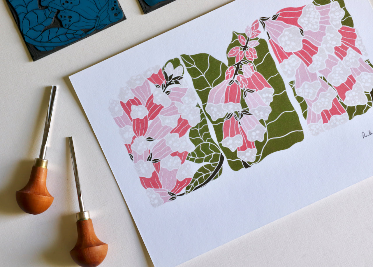 British Woodland Foxglove Linocut Art | A4 Art Print on Cotton Paper