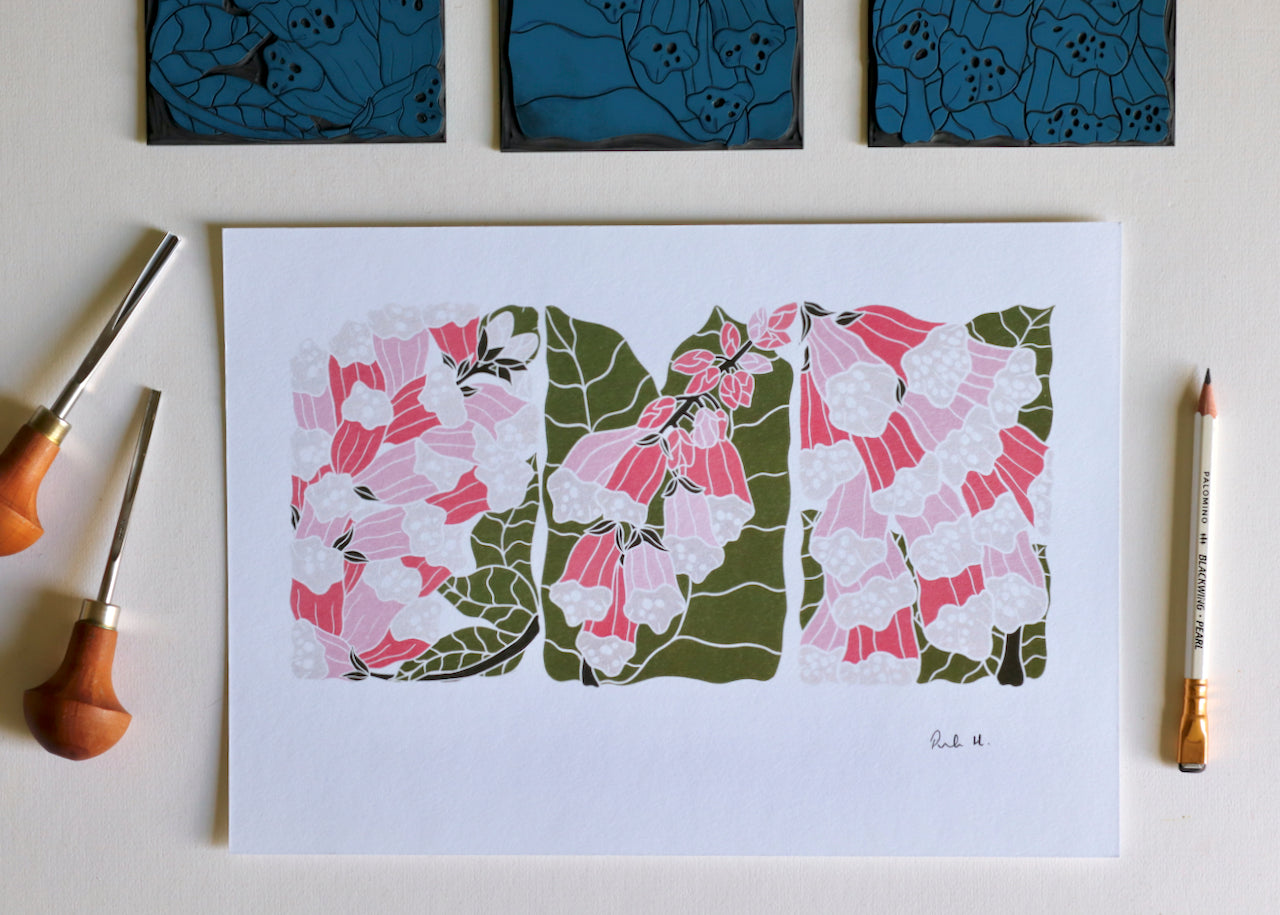 British Woodland Foxglove Linocut Art | A4 Art Print on Cotton Paper