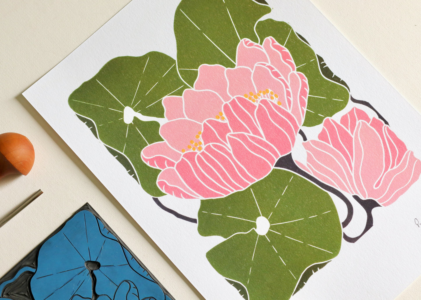Summer Water Lilies Linocut Art Style 1 | A5 or A4 Art Print on Cotton Paper