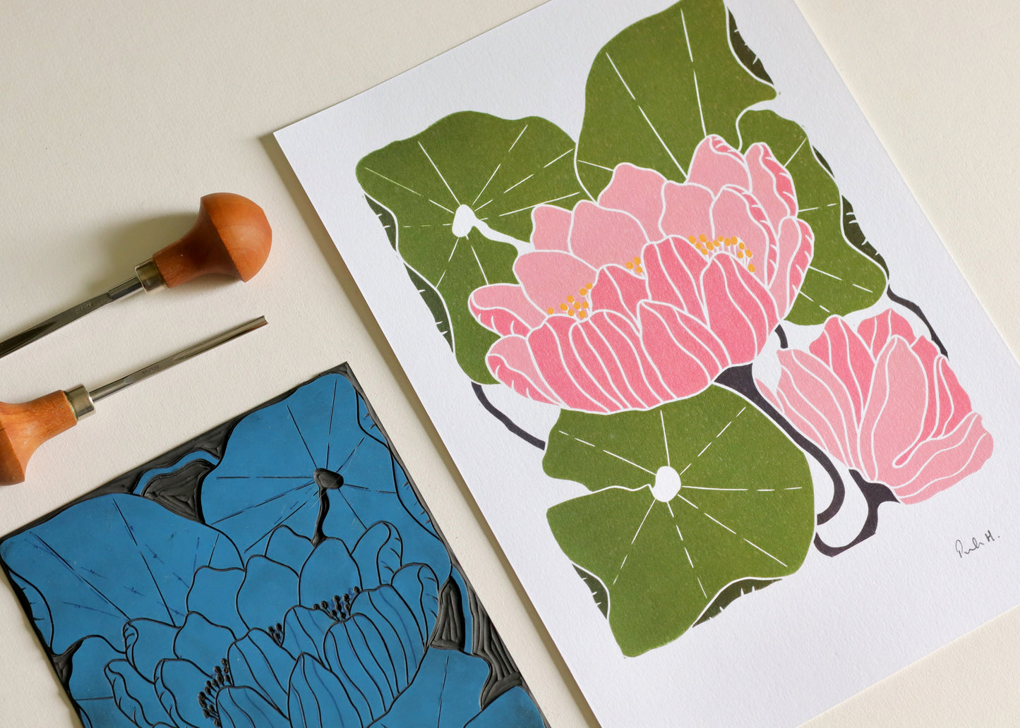 Summer Water Lilies Linocut Art Style 1 | A5 or A4 Art Print on Cotton Paper