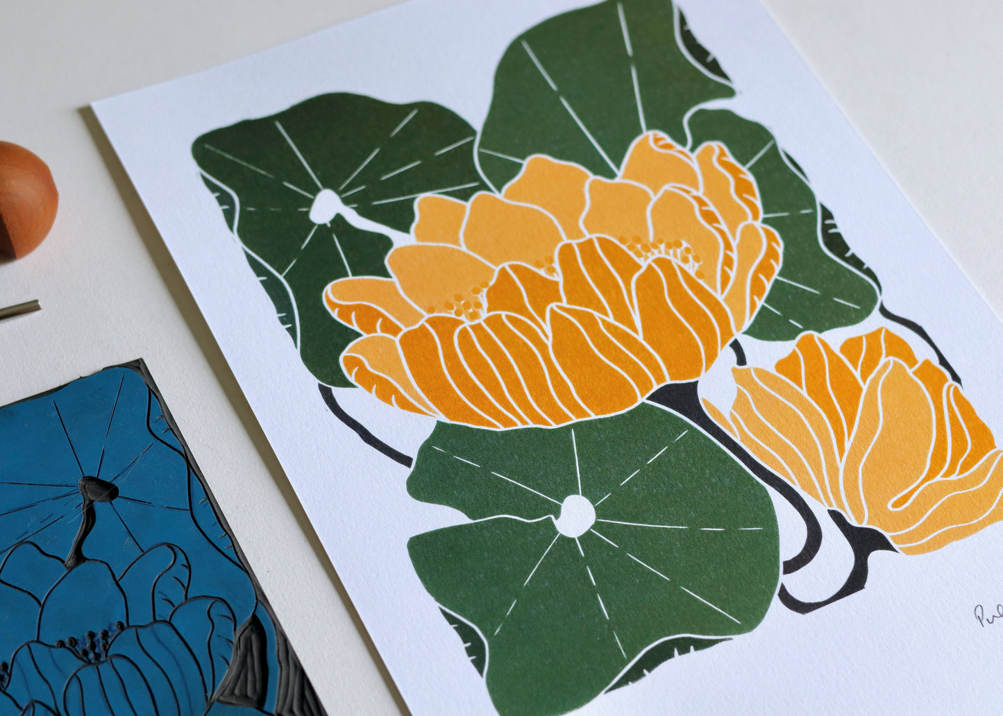 Summer Water Lilies Linocut Art Style 1 | A5 or A4 Art Print on Cotton Paper