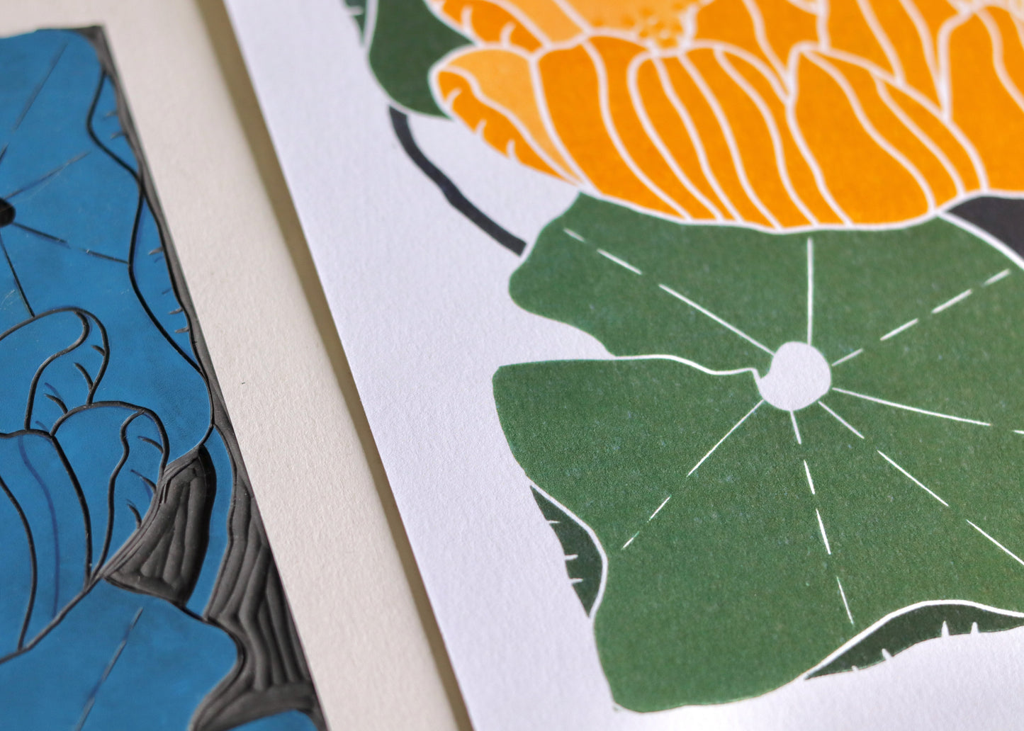 Summer Water Lilies Linocut Art Style 1 | A5 or A4 Art Print on Cotton Paper