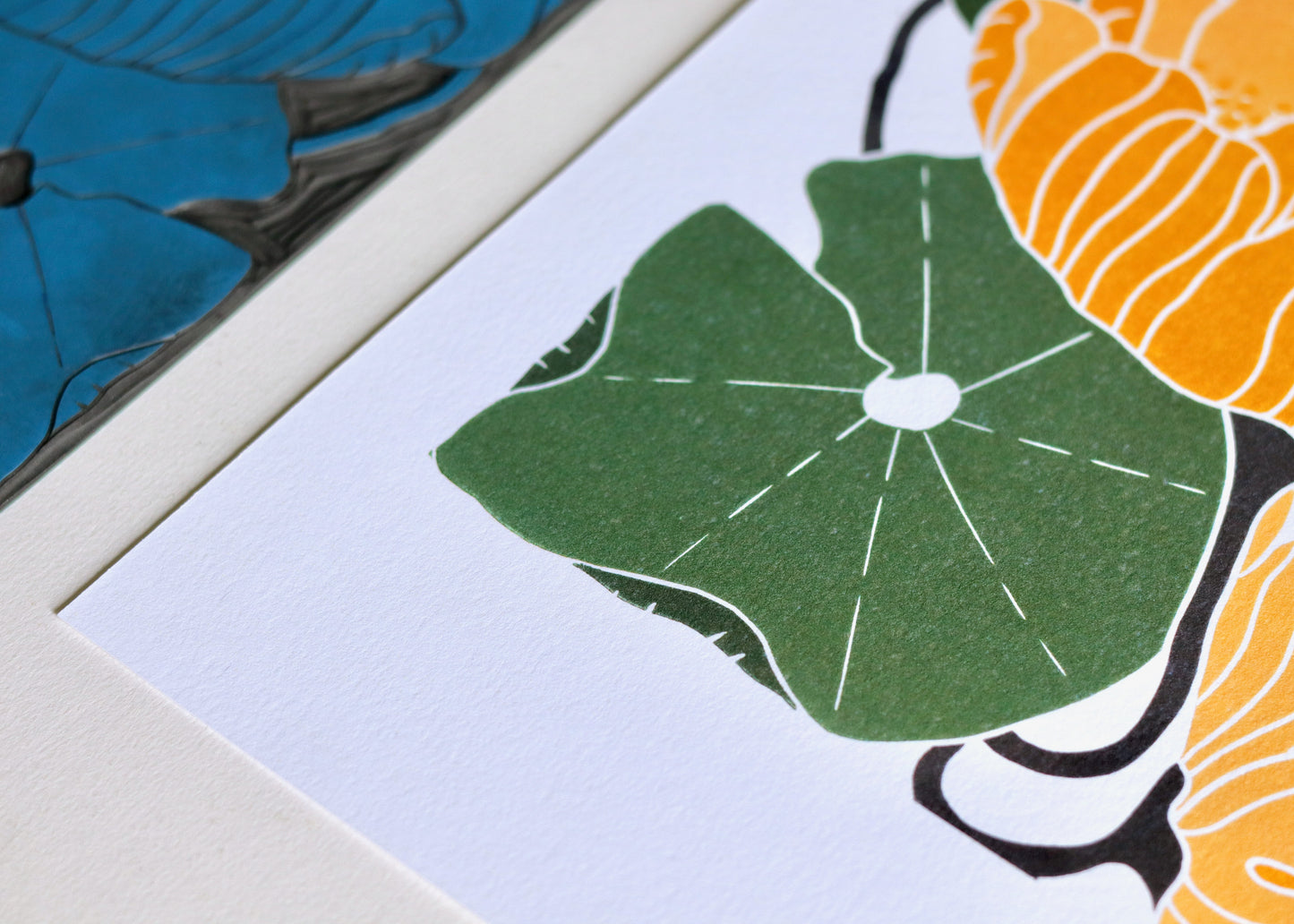 Summer Water Lilies Linocut Art Style 1 | A5 or A4 Art Print on Cotton Paper