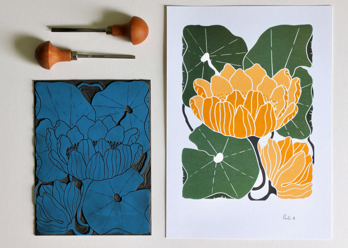 Summer Water Lilies Linocut Art Style 1 | A5 or A4 Art Print on Cotton Paper