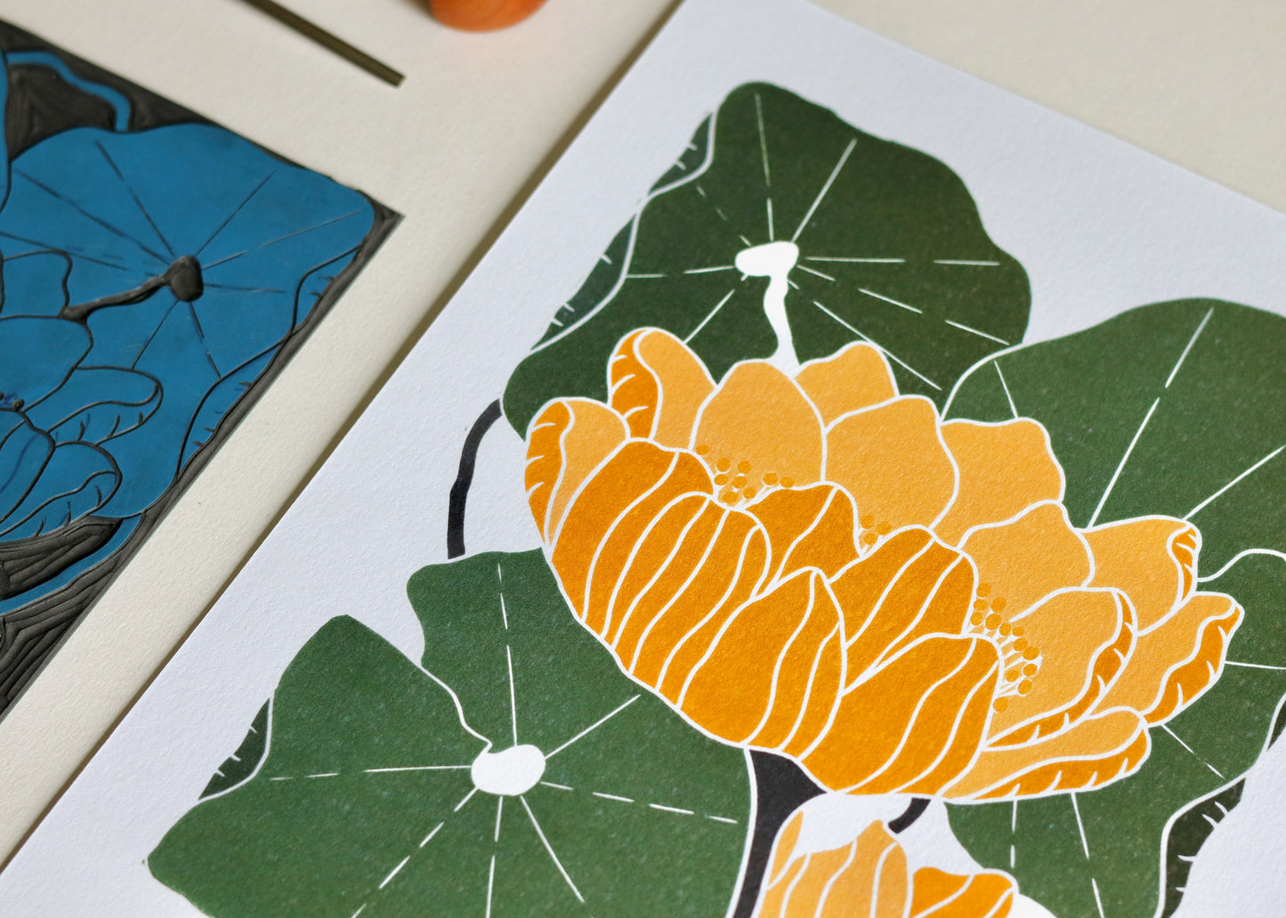 Summer Water Lilies Linocut Art Style 1 | A5 or A4 Art Print on Cotton Paper