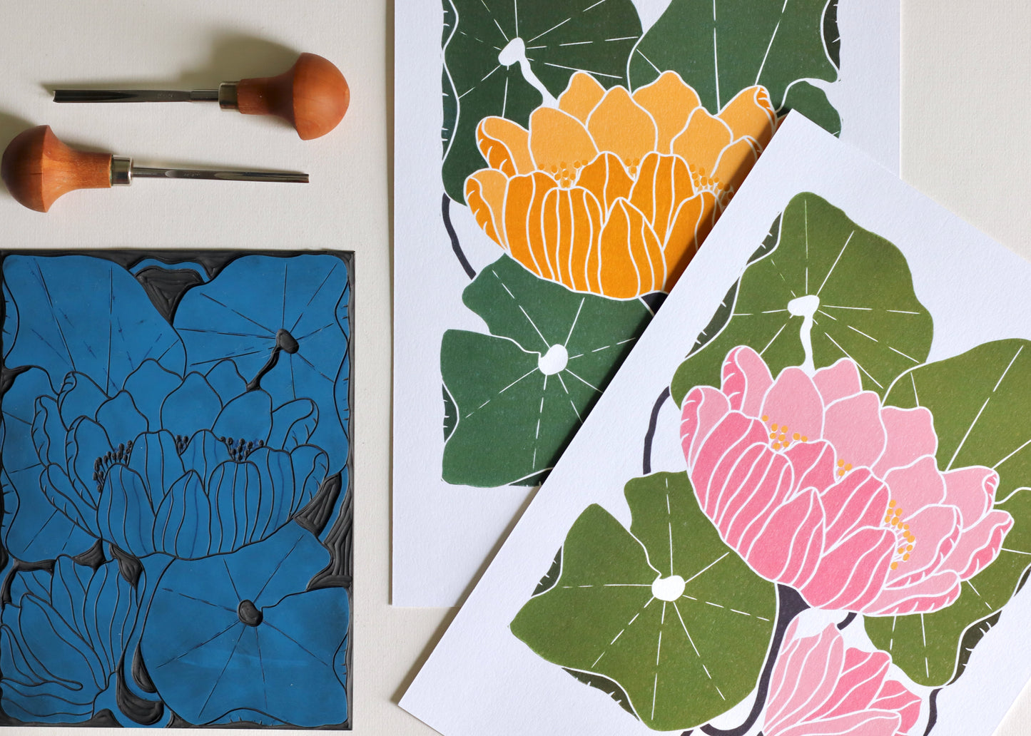 Summer Water Lilies Linocut Art Style 1 | A5 or A4 Art Print on Cotton Paper
